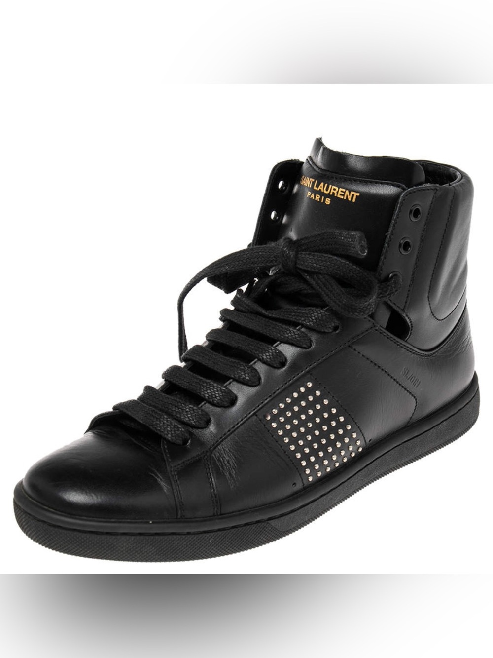 Saint Laurent Black High-Top Leather Sneakers with Gold Stud Detail Size 38